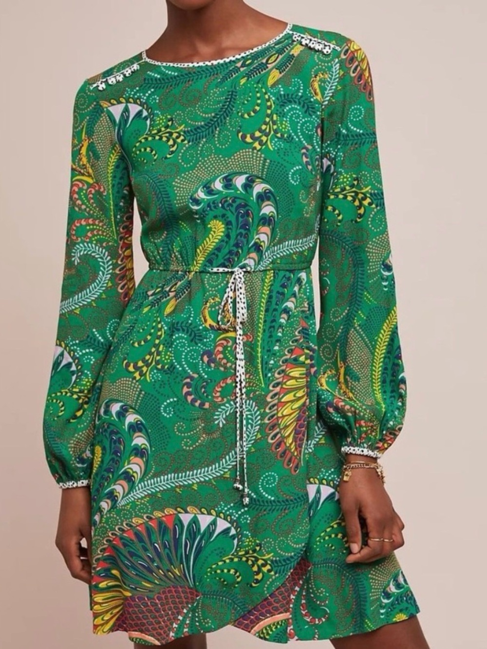 Anthropologie Green Paisley-Print Long Sleeve Tie-Waist Dress 2